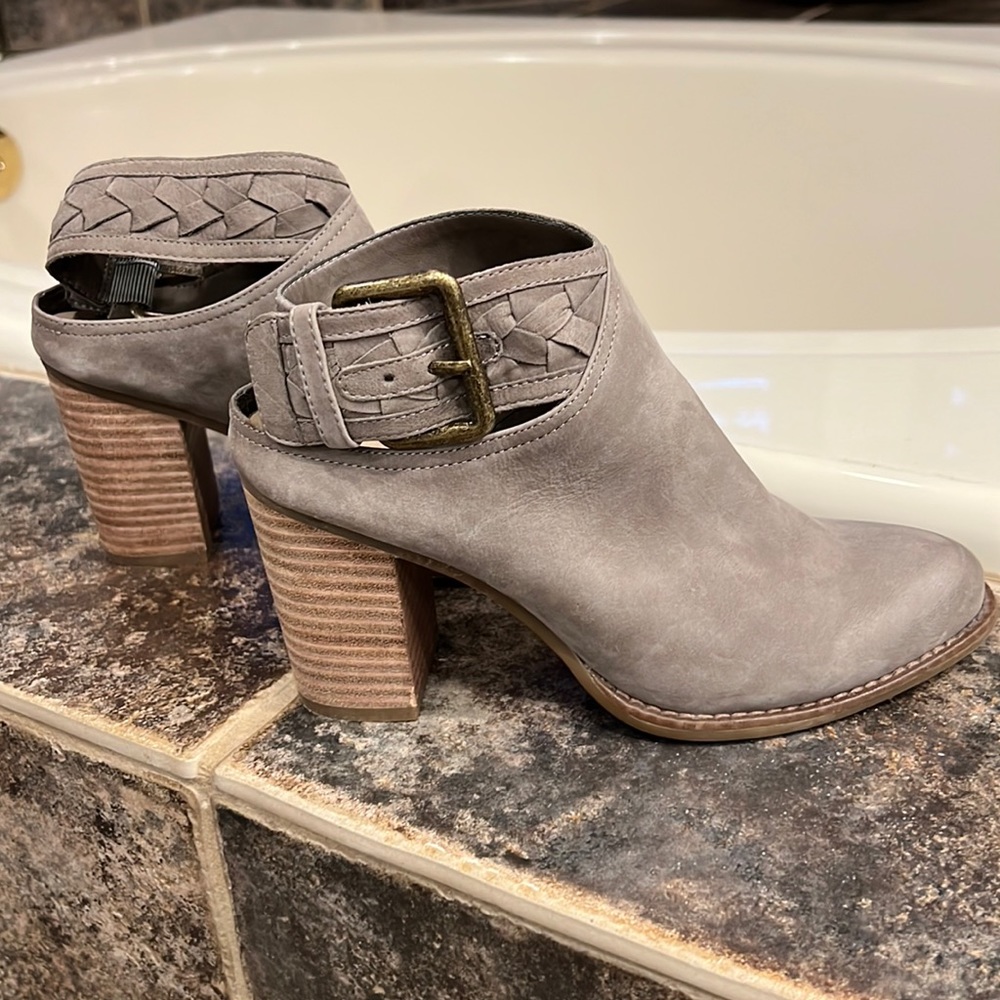 Taupe leather ankle heel, open back